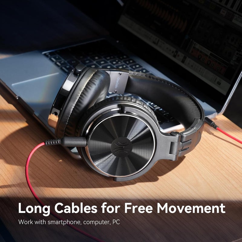 OneOdio سماعات رأس سلكية فوق الأذن Hi-Res لمراقبة الاستوديو ومزج DJ مع محركات 50 مم وموصل 1/4 إلى 3.5 مم لتسجيل الكمبيوتر والبودكاست ولوحة المفاتيح والجيتار واللابتوب - أسود - Image 4